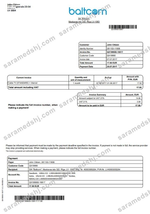 Latvia Baltcom telecommunications utility bill template in Word and PDF format (English version)